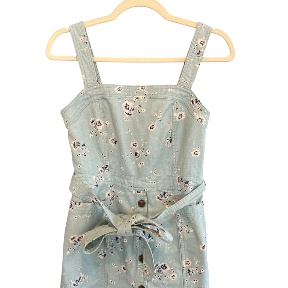 Gap Women’s Linen Belted Apron Dress Robins Egg Blue Floral Size 0 Cottagecore - Picture 2 of 6